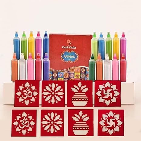 CraftVatika 20 Rangoli Colours Bottles Powder Tube Kit with 8 Paper Rangoli Stencils